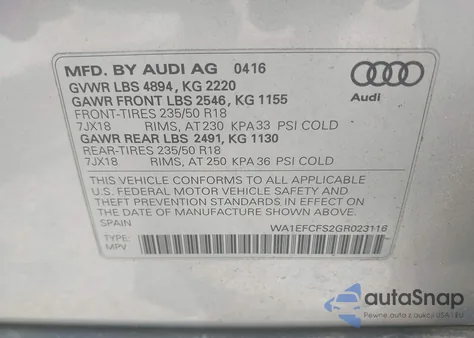 2016 Audi Q3 2.0T Premium Plus из США, поврежденный, VIN WA1EFCFS2GR023116